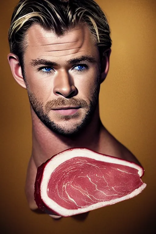 Image similar to 📷 chris hemsworth the ham, made of food, head portrait, dynamic lighting, 4 k