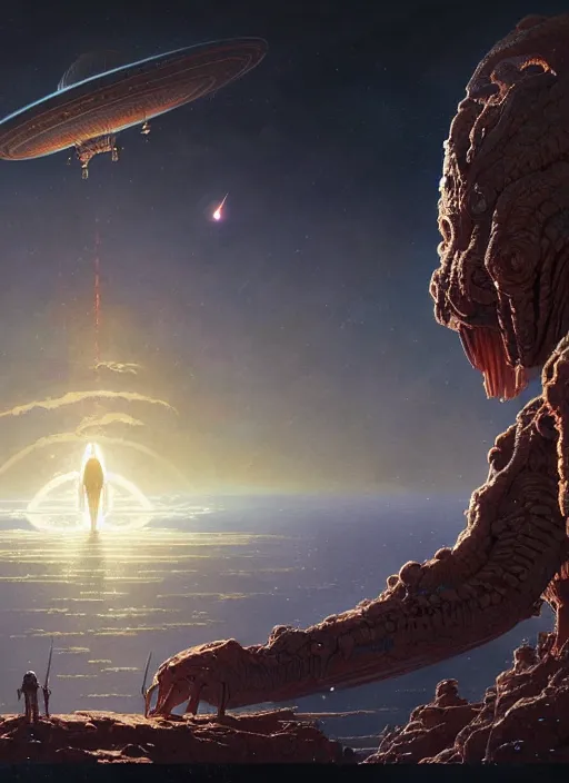 Image similar to masterpiece concept art, ancient alien supervises earth from his ship, by greg rutkowski and geof darrow, 8 k, intricate detail, cinematic lighting