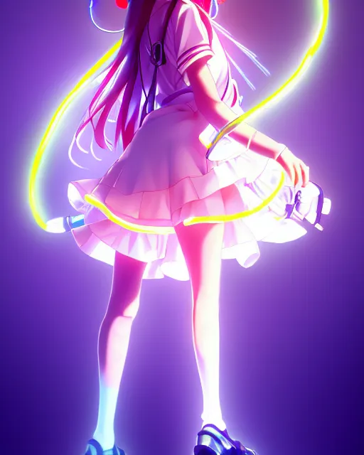 Image similar to anime style, vivid, expressive, full body, 4 k, painting, a cute magical girl with a long wavy hair wearing a nurse outfit, correct proportions, stunning, realistic light and shadow effects, neon lights, studio ghibly makoto shinkai yuji yamaguchi