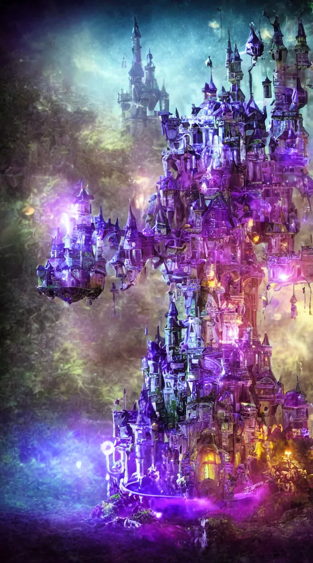 Image similar to robot with purple lights destroying a fantasy castle, professional photo, hdr, bokeh, sci fi, tiny castle, fantasy, small world, toys