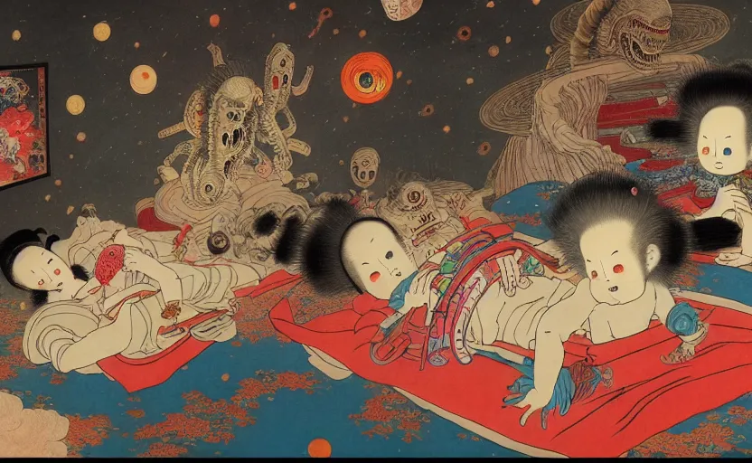 Image similar to a cosmic horror monstrosity inside of a child's bedroom, painting by yoshitoshi abe, extremely detailed, disturbing, cinematic, 4 k, 8 k,