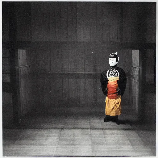 Prompt: photograph of a haunted noh theater, creepy, dark, foreboding, dread, candlelight, low light