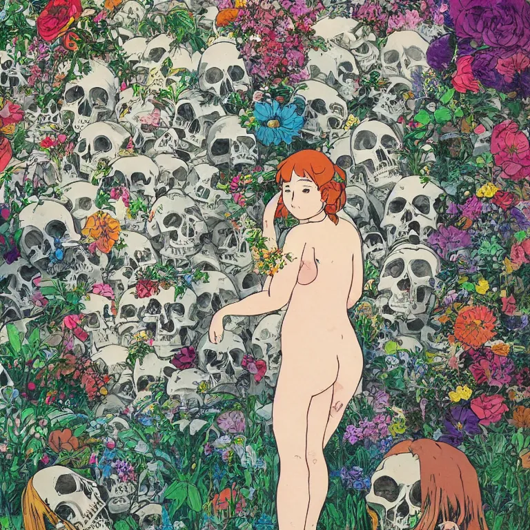 Prompt: young goddess peering from behind an enormous conical pile of skulls with flowers behind her, lush painting in the style of studio ghibli