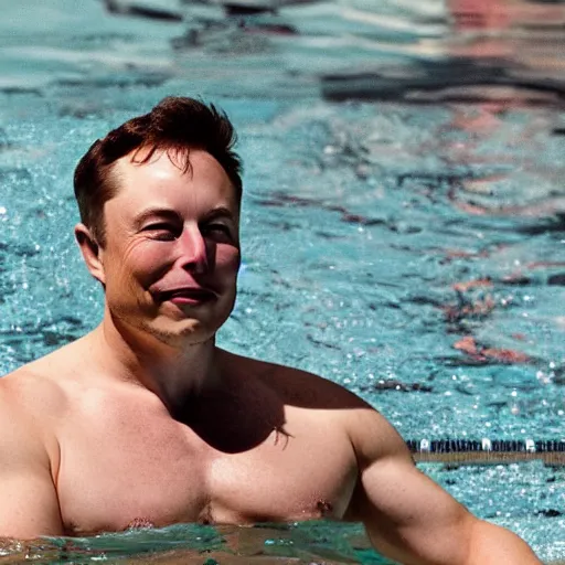 Prompt: Photography of elon musk swimming in a pool with a lot of dollars bills all around him
