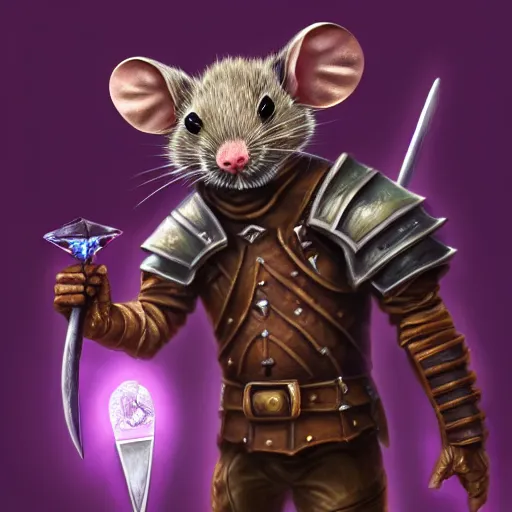 Image similar to armored mouse warrior holding a sword reaches for a purple crystal, trending on Artstation, Oil Painting, 8k, UHD