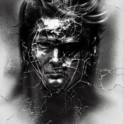 Image similar to Yoshitaka Amano realistic illustration of jeb bush ,hair fluttering in the wind, cracks on his face wearing Elden ring armour with engraving, abstract black and white patterns on the background, noisy film grain effect, highly detailed, Renaissance oil painting, weird portrait angle, blurred lost edges, three quarter view