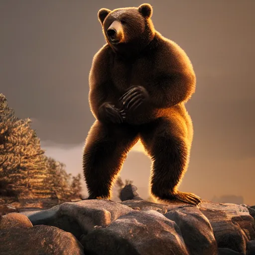 Prompt: man transforming into a bear at night, full body, hyper realistic, hyper detailed, 8 k, unreal engine, realistic brown fur, full moon background, ray tracing