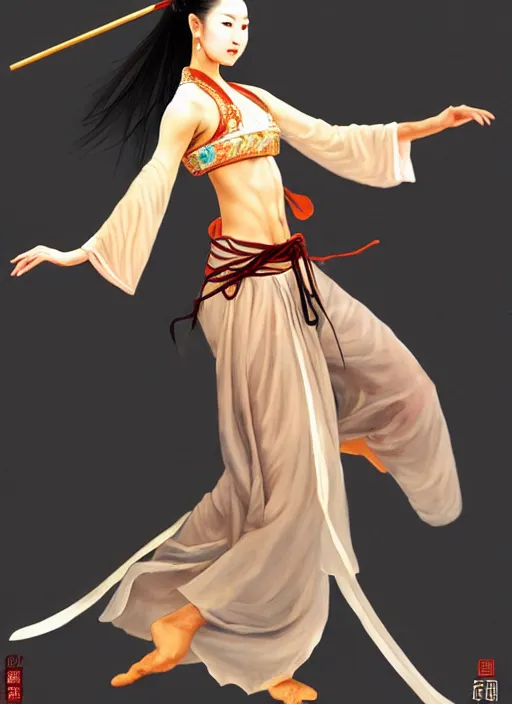 Image similar to a barefoot female dancer using a silk belt as weapon, wuxia, xianxia, barefoot, tanned skin, athletic, vivacious, absurdly beautiful, hanfu, fully clothed, chinese ribbon dance, silk belt, scorpion whip, detailed, realistic, anatomically accurate, in the style of wlop on artstation, wang liang.