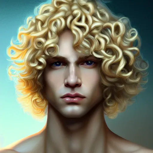 Image similar to the pale blond androgynous male god of the sun, highly detailed, very very very curly golden blond hair, baroque curls, curtain bangs, central parted fringe, extremely luscious curly blond hair, very very very pale white skin, digital painting, artstation, concept art, soft light, sharp focus, illustration