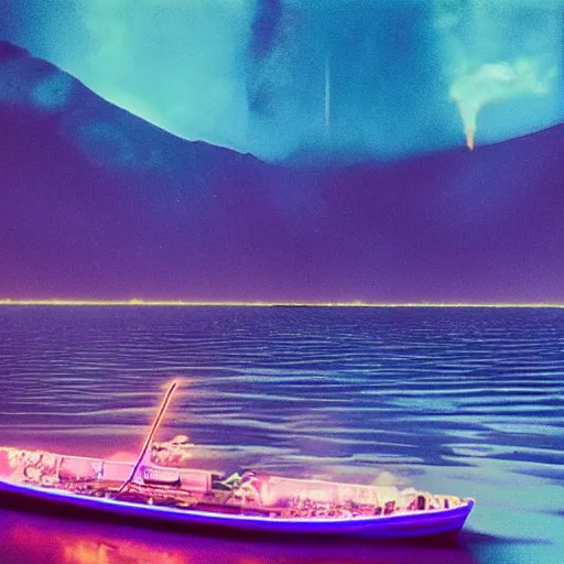 Prompt: balrog on a boat in beautiful mountain lake at night still water aesthetic purple clouds