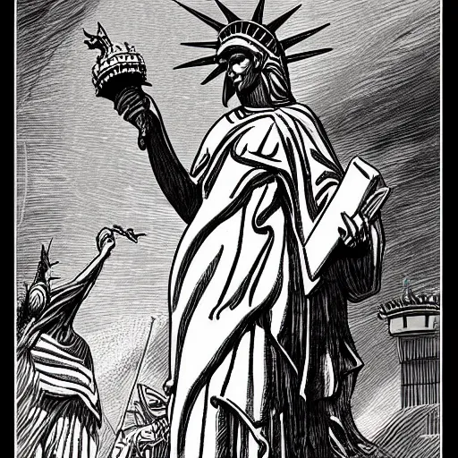 Prompt: Lady Liberty as the babylon Revelation 17 riding on the red dragon of china. illustration concept art