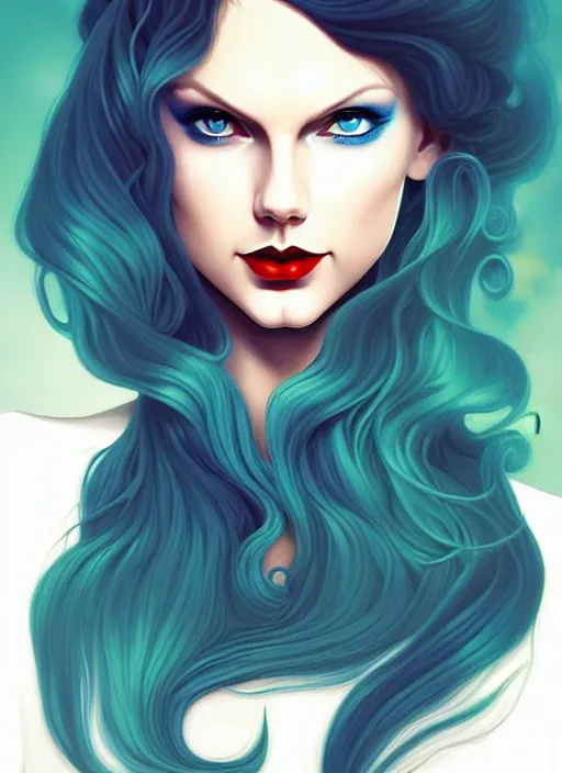 Image similar to style artgerm, joshua middleton, taylor swift with green dress, very long blue hair, swirling, symmetrical face, symmetrical eyes, lovecraftian western gunslinger, cinematic lighting