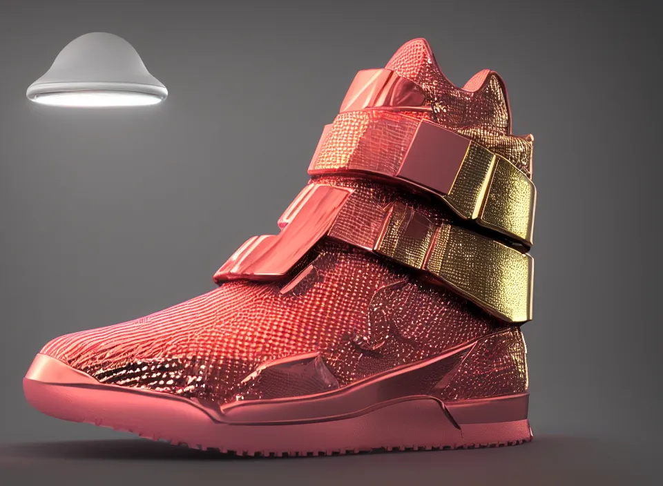 Prompt: realistic 3 d render of a futuristic sneaker, beautiful studio lighting, soft, sharp focus, neon cyberpunk highlights, intricate detail, gold and red metal, soft rubber, textured plastic, hexagons, filigree, octane render, side view, close up, trending on artstation, deviantart, nike, adidas, converse, reebok, salomon