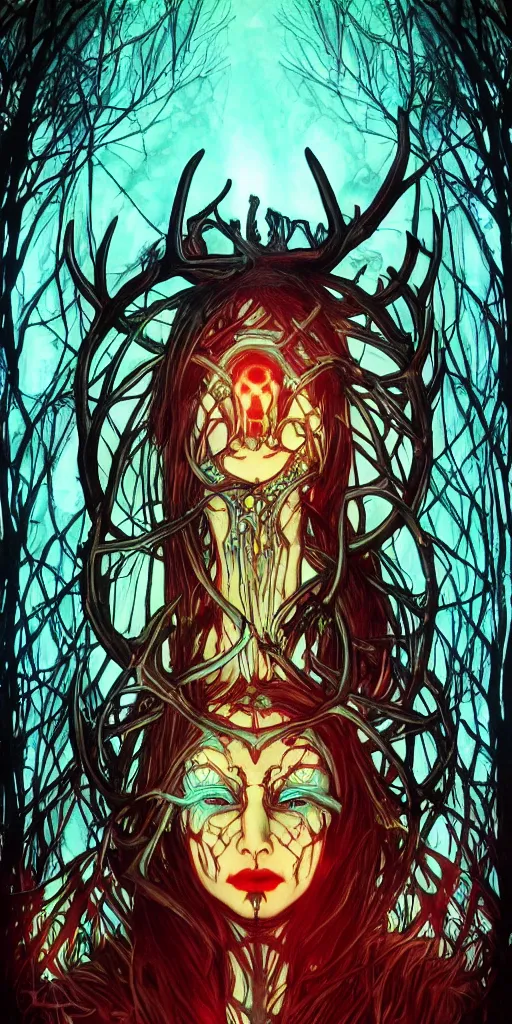 Image similar to intense glowing black metal pagan god with antlers and veins and intense glowing eyes with a skull in very dark forest by artgerm and alphonse mucha, portrait, fantasy, clear, red and teal and yellow, light beams, lens flare, intense, uhd, amazing depth, cinematic lighting