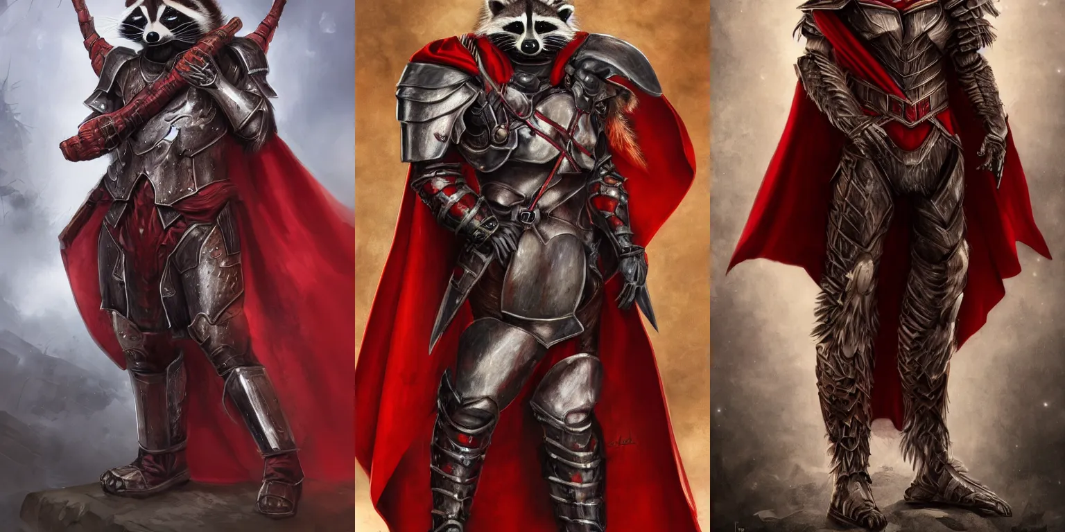 Prompt: Full-length portrait of a raccoon humanoid wearing heavy armor. Iron armor, red cape, clothing. Dark fantasy, digital art, HD, detailed.