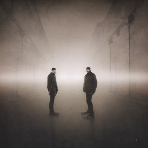 Prompt: glitchart portrait of 2 blurry shadowed leather clad men standing in a brutalist berlin landscape in mist and fog, cinematic magic hour, damaged polaroid