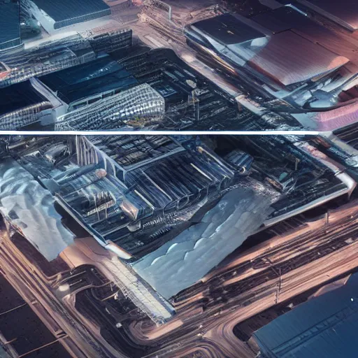 Image similar to Kazimierz Malewicz sci-fi motherboard airport view from above structure and digital billboard in the middle, unreal engine 5, keyshot, octane, artstation trending, ultra high detail, ultra realistic, cinematic, 8k, 16k, in style of zaha hadid, in style of nanospace, in plastic, dark, tilt shift,