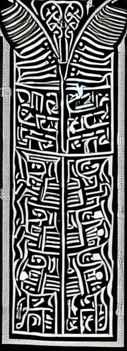 Image similar to ornate sumerian art, black and white, very ancient design, intricate organization, detailed cuneiform