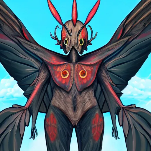 Prompt: 4K headshot of mothman with a mushroom hat and rouch clothes with giant wings , intricate face , flawless anime cel animation ,psychedelic , highly detailed upper body , professionally post-processed , beautiful, scary, symmetry accurate features, epic, octane rendered, anime masterpiece, accurate