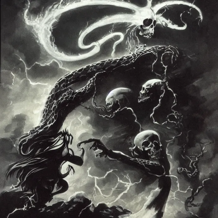 Prompt: bellatrix casting dark mark spell into the sky that is a vision of a skull with a snake protruding from its mouth by frank frazetta