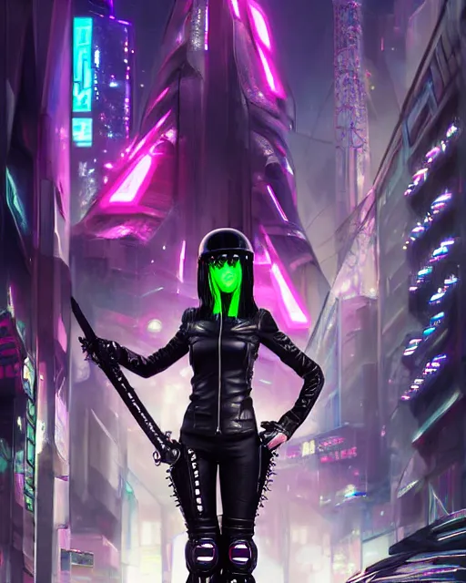 Image similar to concept art of a cyber punk girl wearing a black leather jacket with neon spikes, wearing a futuristic biker helmet, holding a futurstic cyberpunk weapon, standing in a busy cyberpunk city center | | epic - fine - fine details by stanley artgerm lau, wlop, rossdraws, and sakimichan, trending on artstation, brush strokes