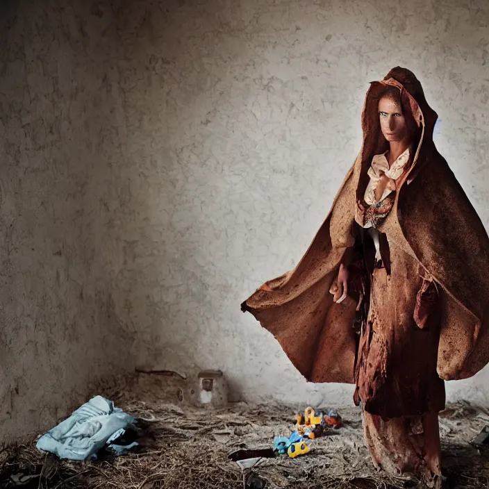 Prompt: closeup portrait of a woman wearing a cloak made of toys, standing in a desolate abandoned house, by Annie Leibovitz and Steve McCurry, natural light, detailed face, CANON Eos C300, ƒ1.8, 35mm, 8K, medium-format print