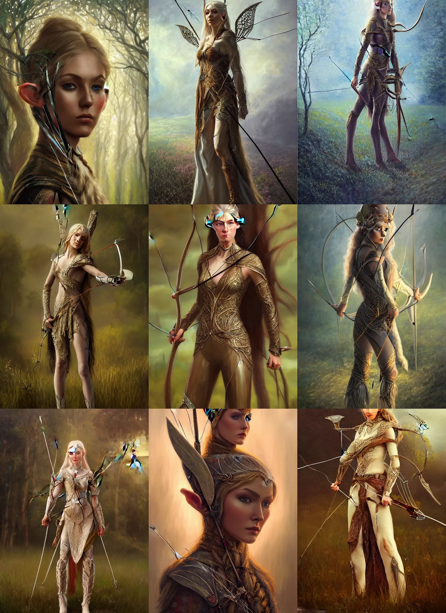 Prompt: a soft focus oil painting on canvas of beautiful full body concept art, beautiful faced elven female archer wearing full intricate clothing standing in a dystopian field, intricate lighting, micro detail