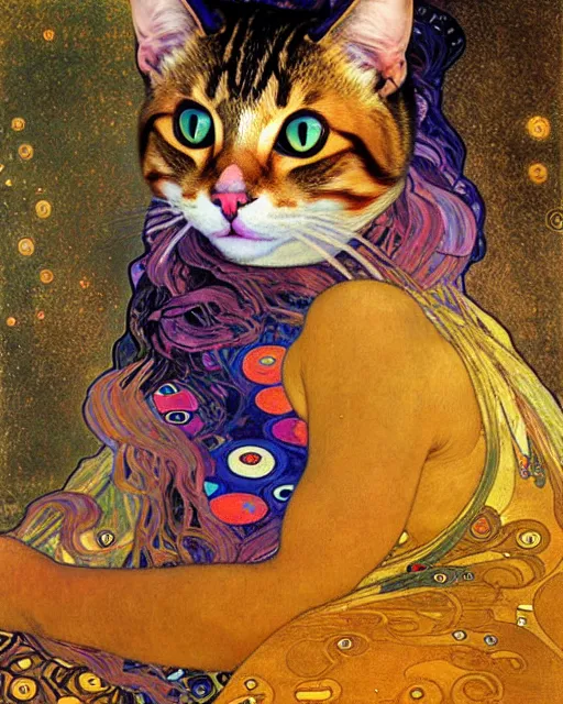 Image similar to cat portrait an oil painting splashes with many colors and shapes by gustav klimt greg rutkowski and alphonse mucha, polycount, generative art, psychedelic, fractalism, glitch art