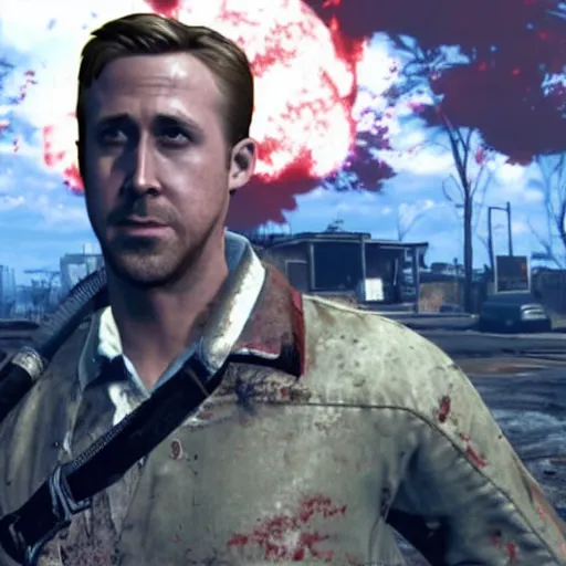 Image similar to ryan gosling kills a mutant in fallout 4