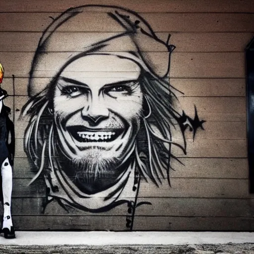 Image similar to a happy smiling loving blond beautiful pirate captain gazing into the horizon in the style of banksy