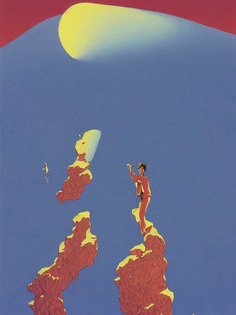 Image similar to a closeup portrait of antigravity, a young siberian man dreaming psychedelic hallucinations in the vast icy landscape of antarctica, volcano lava drips in antigravity by kawase hasui, moebius and edward hopper, colorful flat surreal design, hd, 8 k, artstation