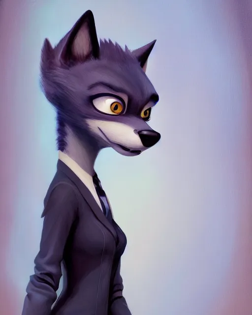 Image similar to oil painting of anthromorphic female wolf, in style of cory loftis, female fursona, furry, furaffinity, 4 k, deviantart, furry art, fursona art, wearing black business suit, business suit, in style of zootopia, wolf fursona, cyberpunk, female, very expressive detailed feminine face,