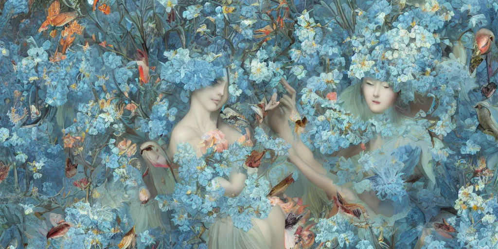 Prompt: breathtaking detailed concept art painting of goddesses of light blue flowers with anxious piercing eyes and vintage illustration pattern background blend of flowers and fruits and birds, by hsiao - ron cheng and beto val and john james audubon, bizarre compositions, exquisite detail, extremely moody lighting, 8 k