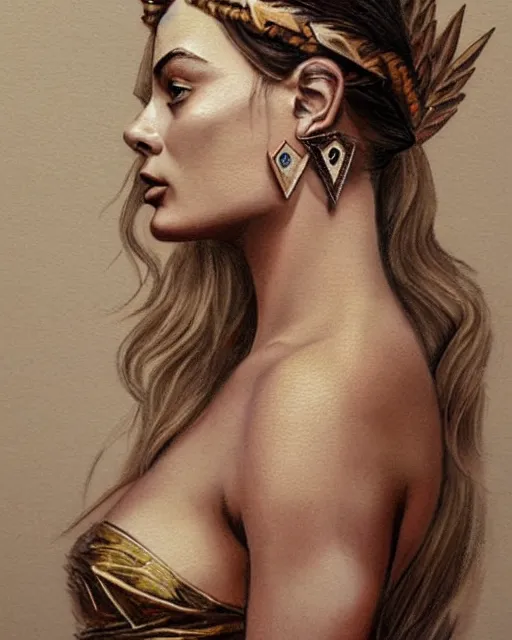 Image similar to realism tattoo sketch of margot robbie as a beautiful greek goddess aphrodite with piercing eyes wearing a laurel wreath and triangle earrings, in the style of greg rutkowski, amazing detail, side view