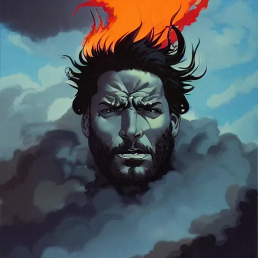 Image similar to Joshua Middleton comic art, A large black bison with fiery eyes, Bison God, thick black smoke, stormy skies, midnight, indigo, Ancient, a scene from the TV show, American Gods