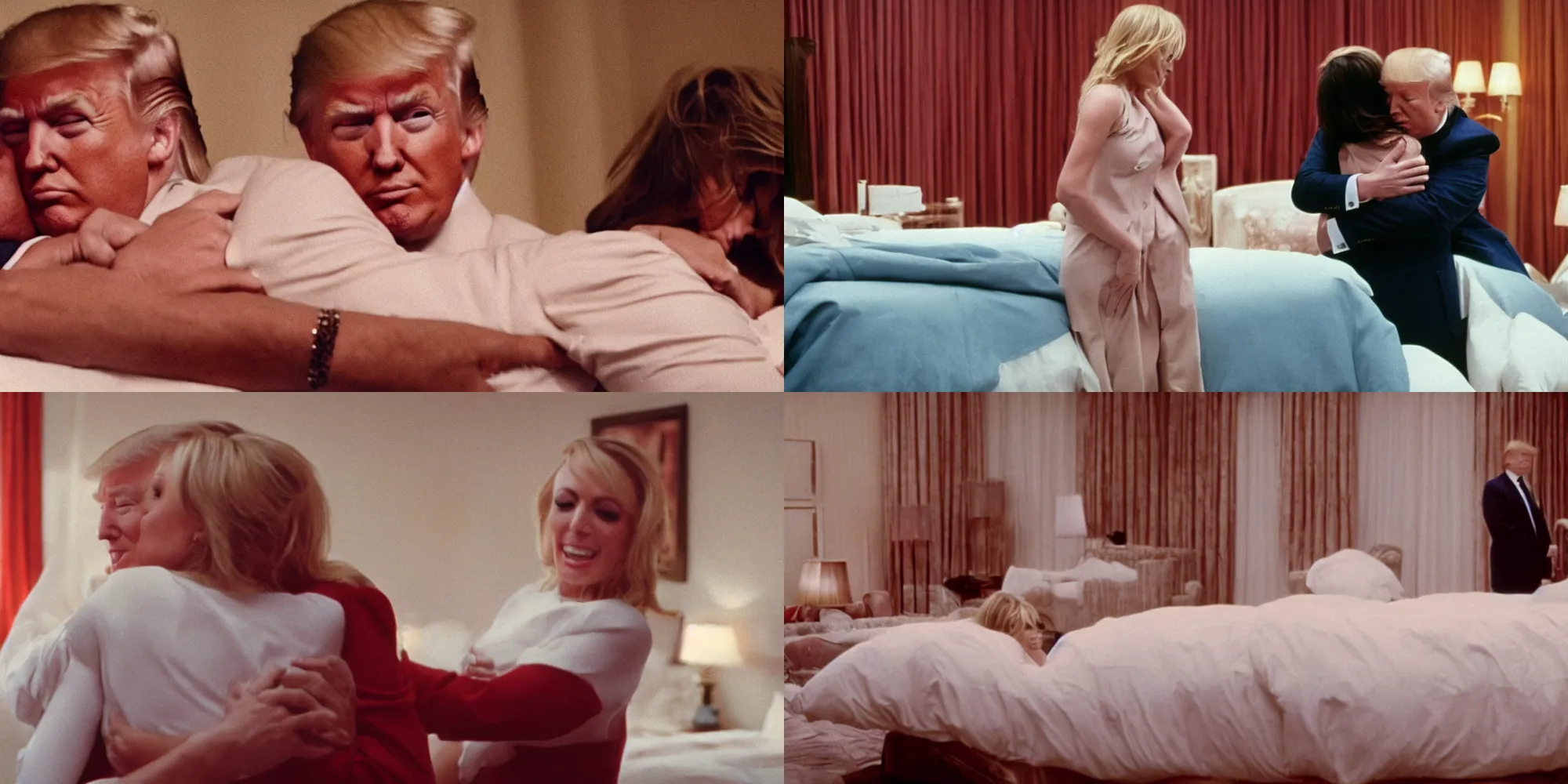 Prompt: donald trump hugging stormy daniels on a bed directed by wes anderson, cinestill 8 0 0 t, 1 9 8 0 s movie still, film grain