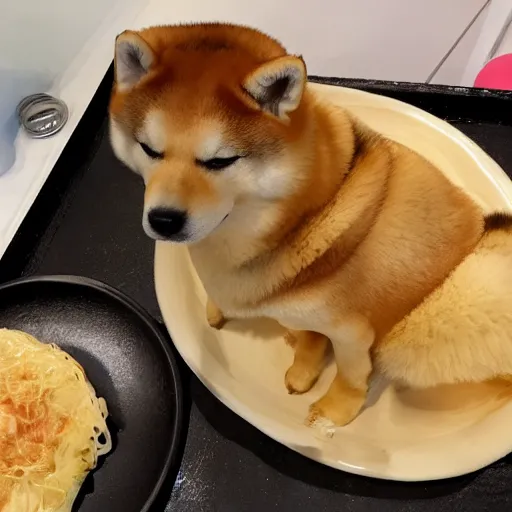 Image similar to a photo of a shiba inu made out of okonomiyaki