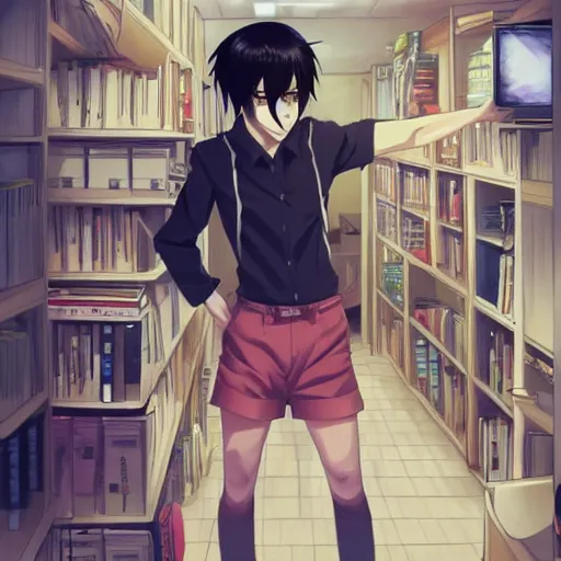 Prompt: aloof anime man with black emo hair wearing jean shorts, standing in headmistress's office, smug grin, smug expression, punchable expression, punchable face, sharp details, subsurface scattering, intricate details, art by artgerm, anime, anime hd wallpaper, 2 0 1 9 anime screenshot