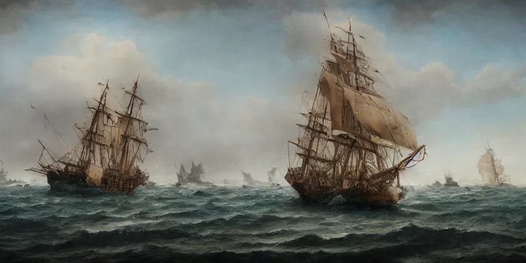 Prompt: a beautiful matte painting, an ancient large sailing ship sailing on the sea dropping crab pots