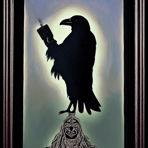 Image similar to portrait of a raven in a vantablack cloak and holding a symbolic weapon. portrait hung up in a windows 9 8 castle. r / oldschoolfantasy