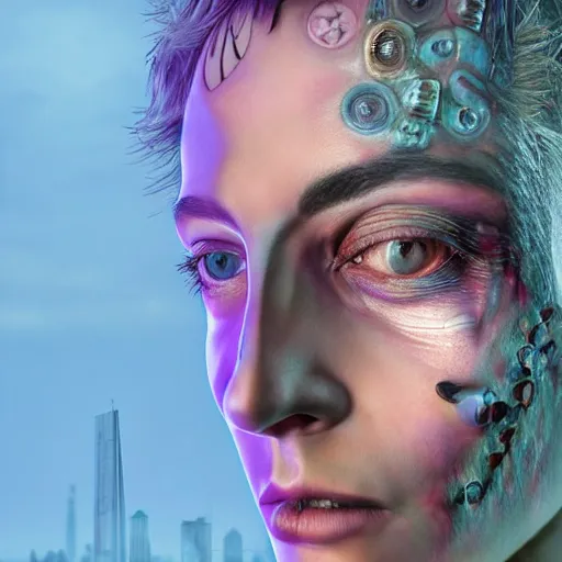 Image similar to full face close up portrait, sandman's visions of chaos in a thriving dystopia, by peter woodroffe, by igor morski, by laurie lipton, in a cyber - punk ally, cinematic lighting, volumetric lighting, neosurrealism, realistic shadows, particle effects, rendered in octane, noir, electric, cosmic, cybernetics