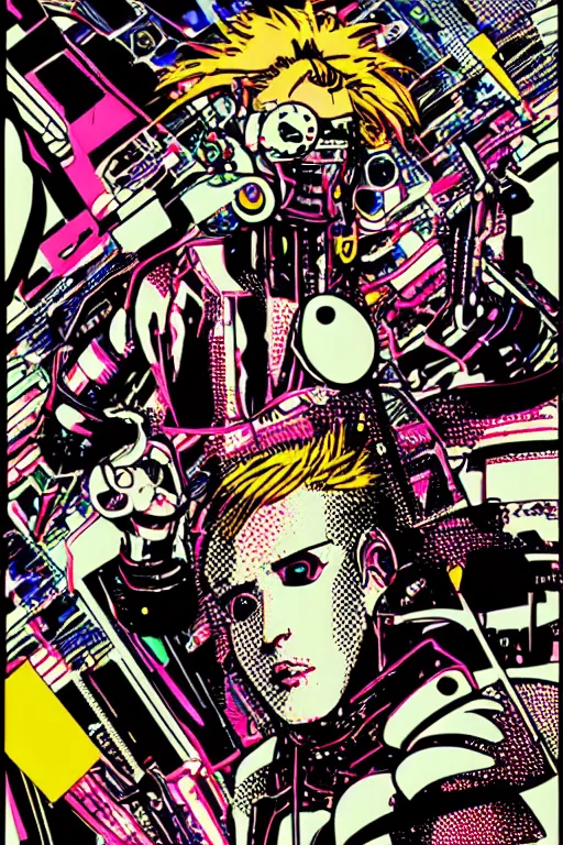 Image similar to futuristic japanese cyberpunk by roy lichtenstein, by andy warhol, ben - day dots, pop art, bladerunner pixiv contest winner, cyberpunk style, cyberpunk color scheme, mechanical, high resolution, hd, intricate detail, fine detail, 8 k