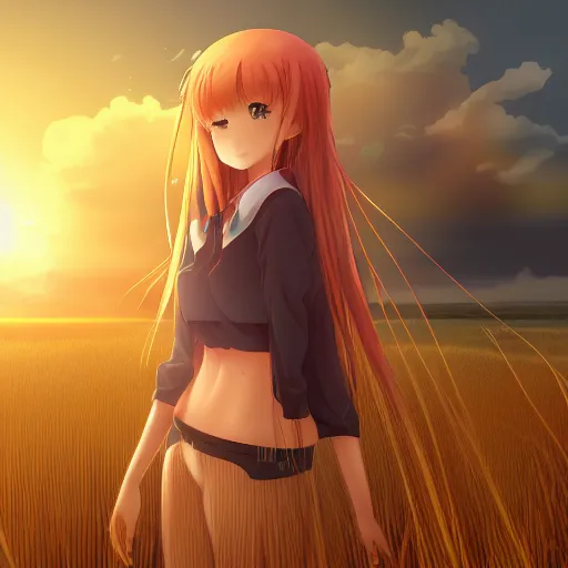 Image similar to Holo from Spice and Wolf standing in a wheat field at sunset, Holo is a wolf girl, high detail, anime key visual, beautiful, 8k resolution, trending on pixiv