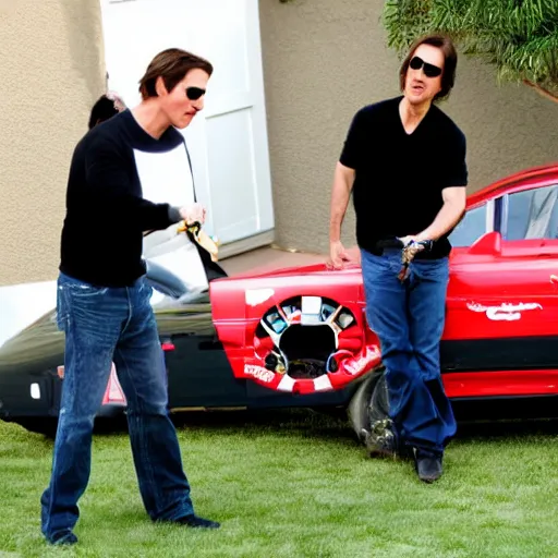 Prompt: tom cruise and nicholas cage racing remote control airplanes