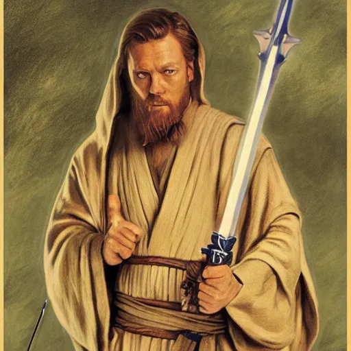 Prompt: Obi Wan Kenobi with bow and arrows, Dungeons and Dragons, character art, matte painting, Rembrandt, Monet, detailed