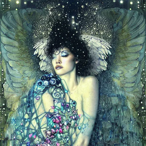 Image similar to dreamy angels cybernetic, in the cosmos, intricate detail, klimt, royo,