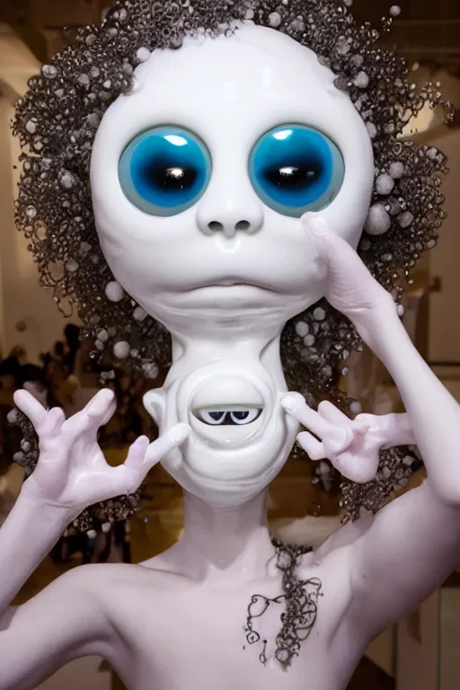 Image similar to full head and shoulders, beautiful porcelain female person, mixed with giant frog spawn eyes, smooth, delicate facial features, white detailed eyes, white lashes, 3 d white shiny thick, larg tentacles and eyeballs by daniel arsham and james jean, featured in pictoplasma