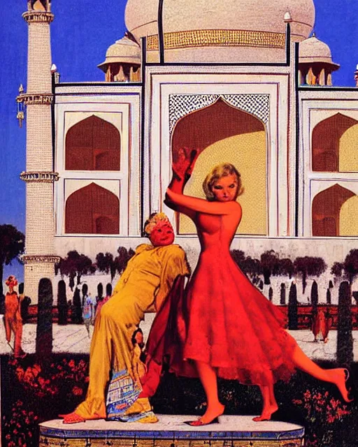 Prompt: tuesday weld visits the taj mahal by virgil finlay and gil elvgren