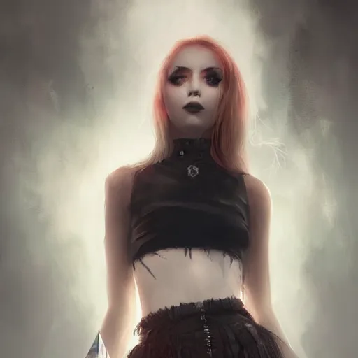 Prompt: teen girl kerli koiv mini skirt crop top in cemetery, gothic, darkwave, darksynth, concept headshot art, sharp, digital matte painting, art by greg rutkowski, wlop, dramatic lighting, trending on artstation