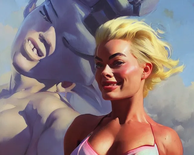 Image similar to greg manchess portrait painting of smiling margot robbie as beautiful thick female bodybuilder zarya from overwatch, medium shot, asymmetrical, profile picture, organic painting, sunny day, matte painting, bold shapes, hard edges, street art, trending on artstation, by huang guangjian and gil elvgren and sachin teng